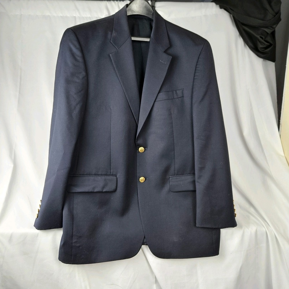 Chaps‎ Ralph Lauren 40R 100% Wool Navy Blue Gold Tone Two Button Lined  Blazer